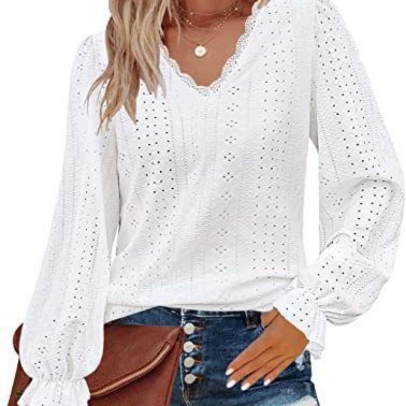 Spring and Summer Women's V-neck T-shirt Hollow Casual Pleated Sleeve Blouse Shirt