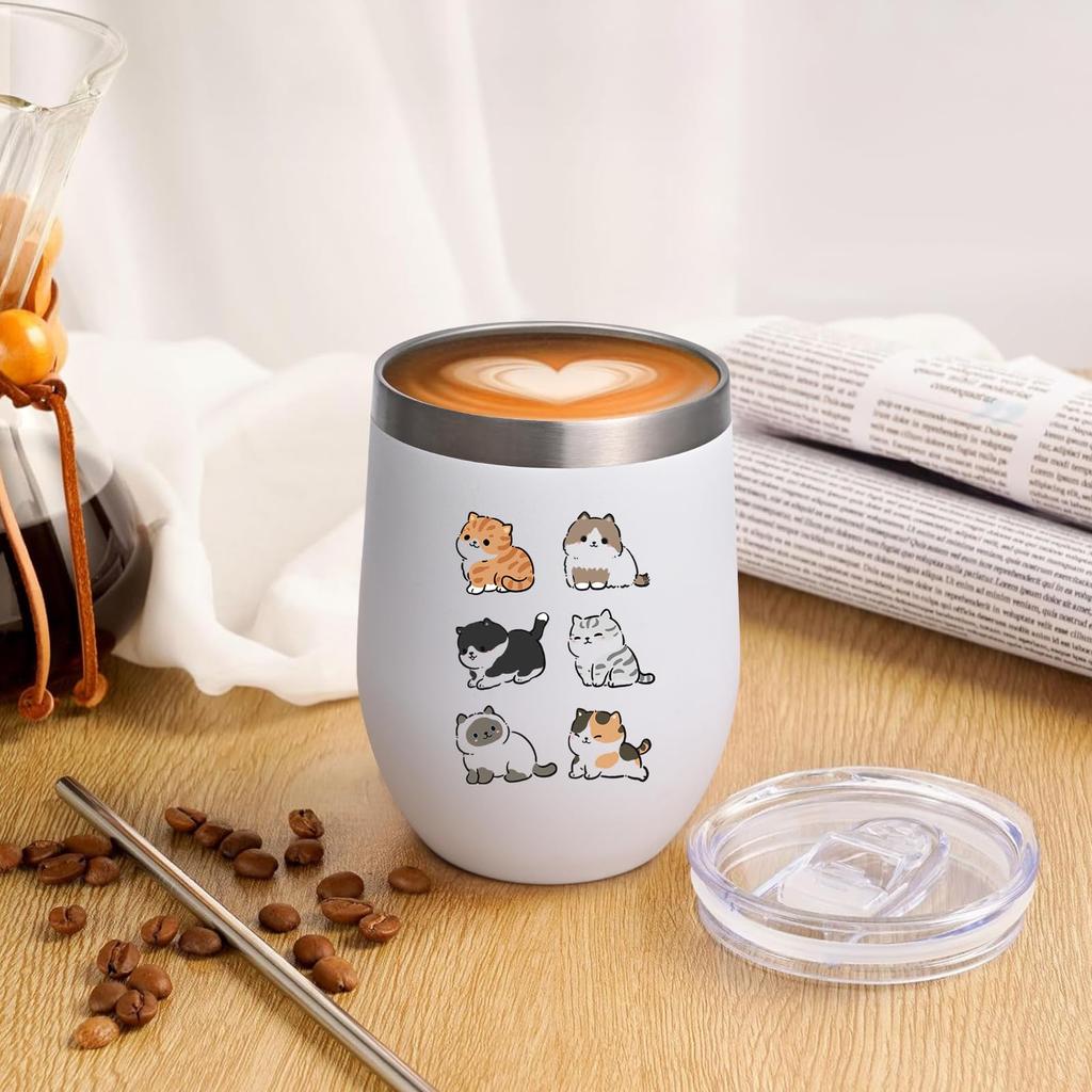 Livole Cat Idealny dla kobiet i kubek termiczny ze stali nierdzewnej 350 ml z pokrywką i izolujący na ciepło lub zimno Uroczy prezent Prezent, Mężczyźni, Słomka, Napoje, (Biały)