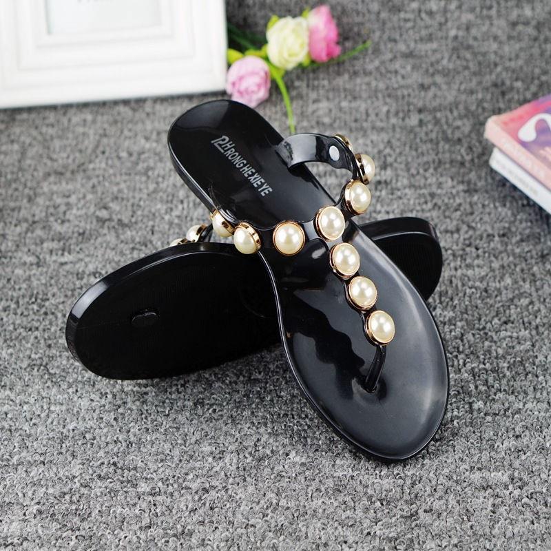 Stilvolle Damen Perlen Flache Strand Flip-Flops Hausschuhe Mit Anti-Rutsch Gemütliches Sandalen Design