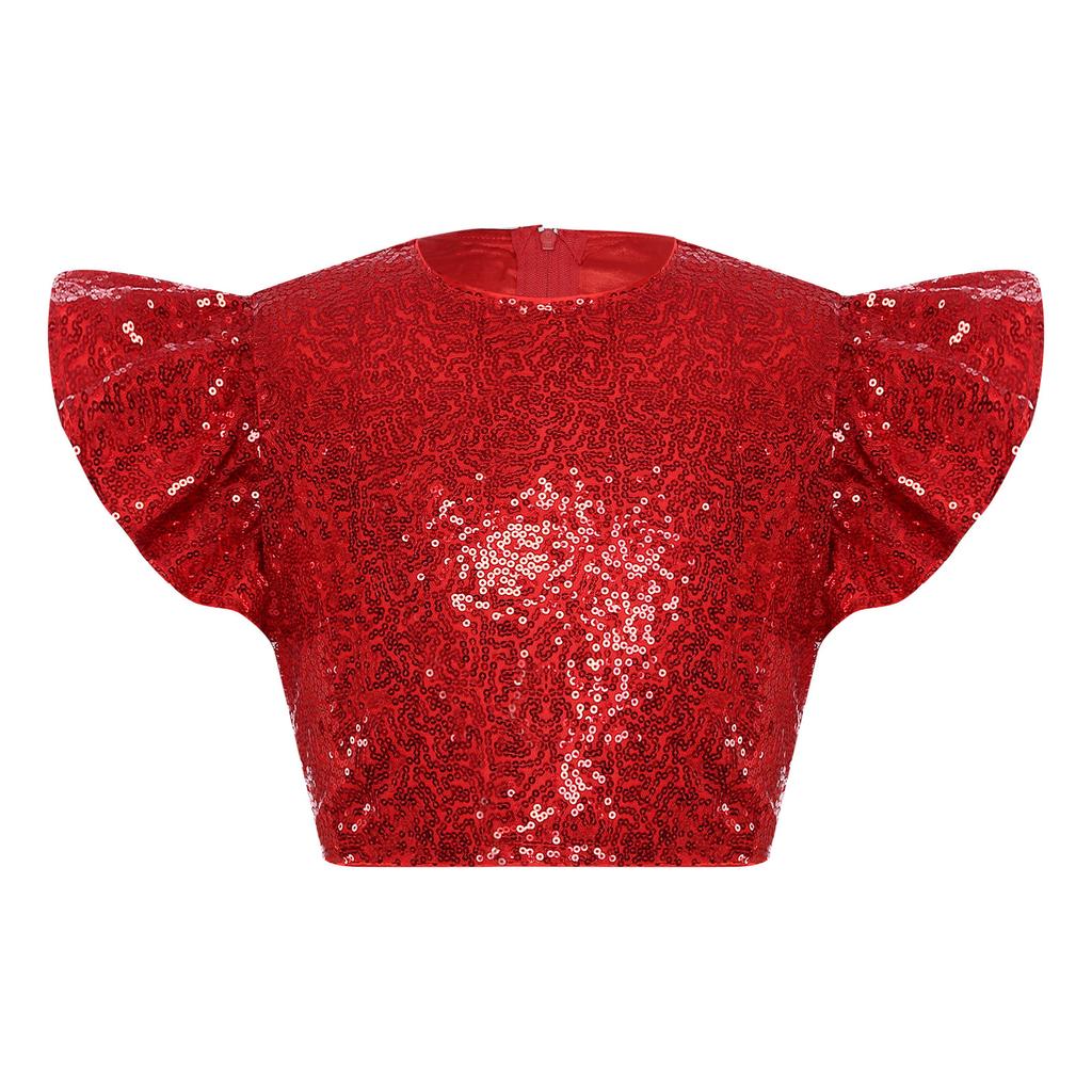 Dívčí párty halenka top třpytivý flitrovaný crop top kulatý výstřih volánkové design s muchlákovými rukávy podšitý narozeninový top
