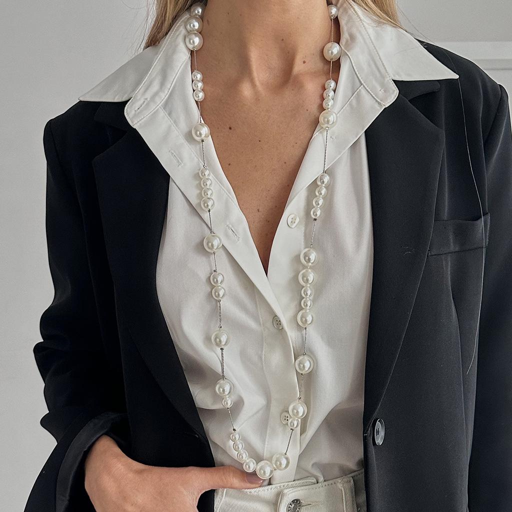 Temperament Light Luxury Imitation Pearl Beaded Necklace, Fashionable Long Chain Stacked With Sweater Chain Necklace
