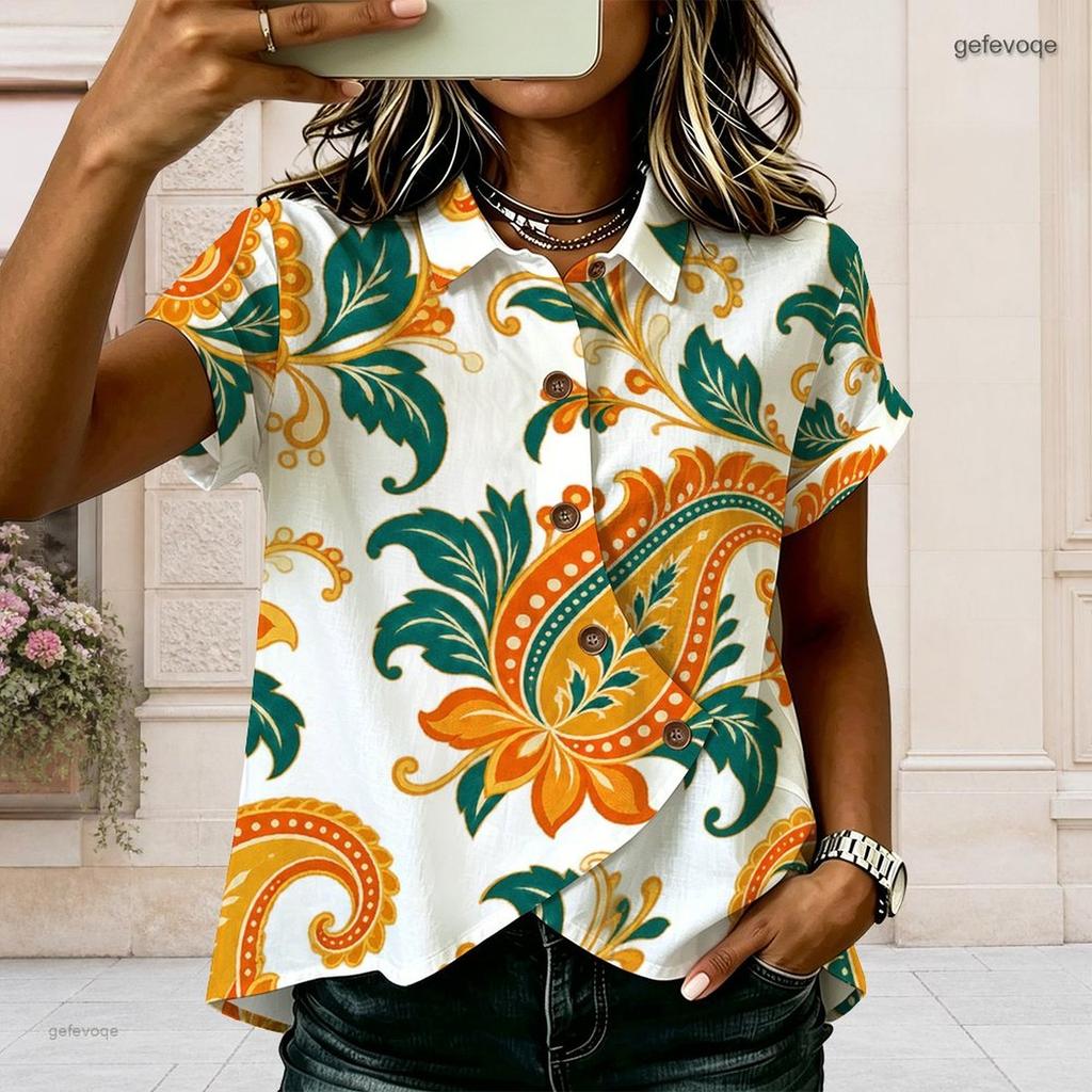 Women Plus Size Paisley Floral Printed Shirt Collared Short Sleeve Button Front Blouse