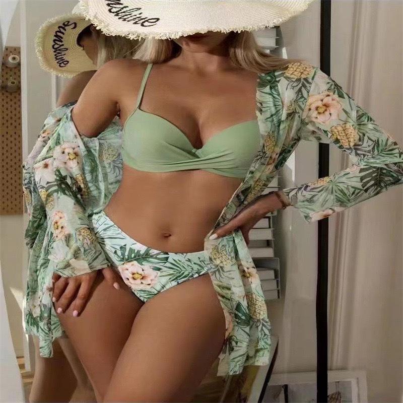 2023 European & American Women's Three-Piece Bikini Set with Cardigan, High-Waisted Bottoms, and Sunscreen Cover-Up.