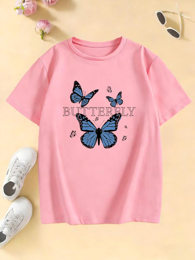 Girls Blue Butterfly Fashion Design T Shirts Kids Childrens Tshirt Boys Girls Summer Spring Casual Top Tee