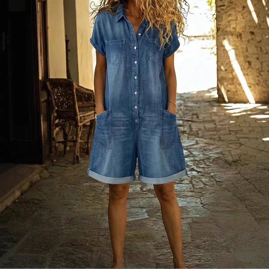 Women's Lapel Short Sleeve Button Down Multi Pocket Cuffed Hem Denim Romper Jumpsuit