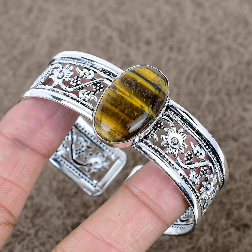 Tiger Eye Gemstone Handmade 925 Sterling Silver Cuff Bangle Adjustable KKG-768