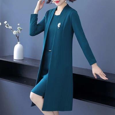 Pcs/Set Mujeres Abrigo Vestido Traje Manga Larga Largo Medio Color Sólido Chaqueta Sin Mangas