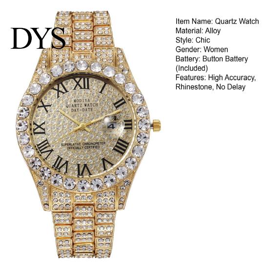 Roman Numeral Watch Ladies Quartz Round Dial Alloy Rhinestone Decor Umber Calendar High Accuracy Men No Delay Time-checking Wristwatch Business