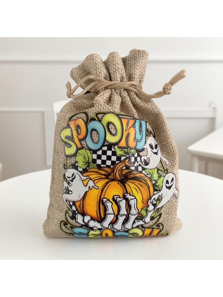 5Pcs Halloween Burlap Drawstring Favor Bag Spooky Pumpkin Goodie Treat Bags for Kids Trick or Treat Sack Party Decorate Supplies