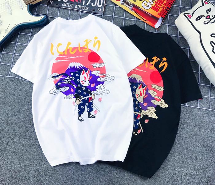 Japanese Trendy Brand Ukiyo-e Painted Carp Retro Hip-hop Loose Large Size Cotton Short-sleeved T-shirt for Men and Women