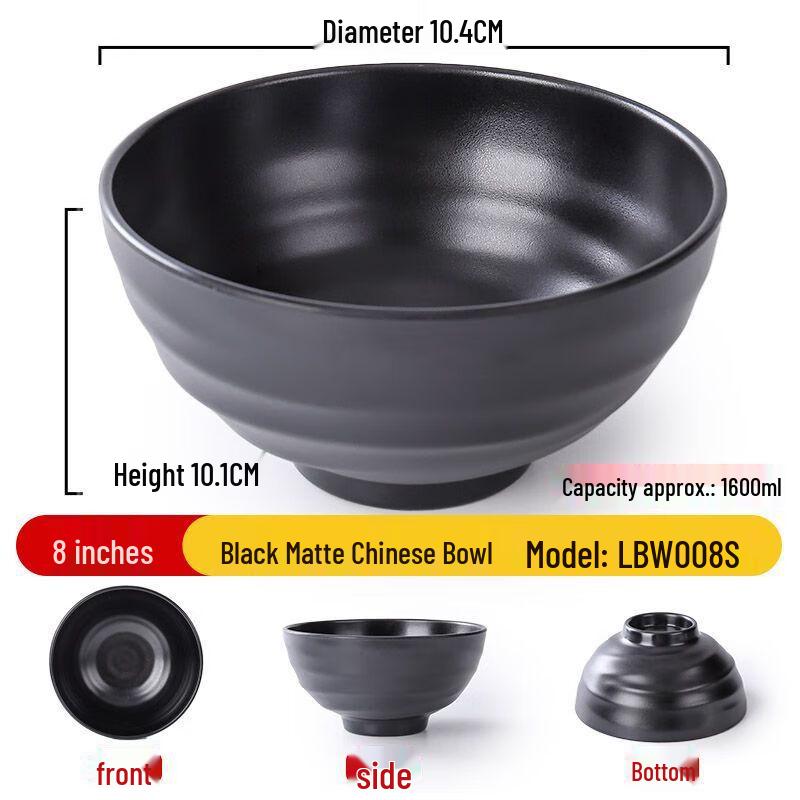 Jijun 8-Inch Black Matte Melamine Noodle Bowls (10-Pack)