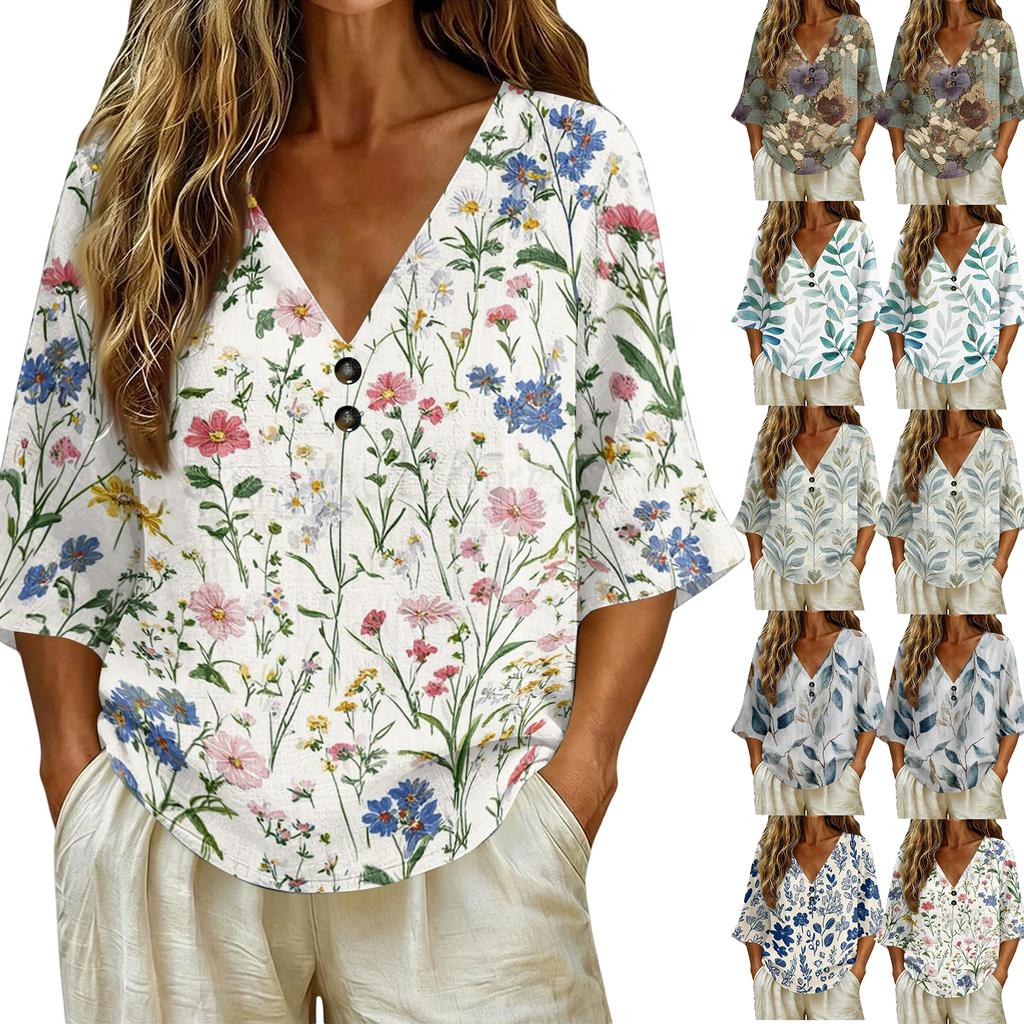 Women V Neck Vintage Floral Print Loose Fit Short Sleeve T Shirt Linen Blend Casual Summer Top