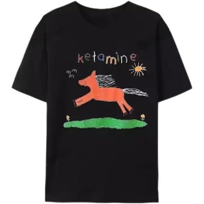 Ketamin Lustiges Cartoon T-Shirt Pferd Anime Grafik Damen Herren T-Shirts Locker Freizeit-T-Shirts Hipster Harajuku Baumwolle Paare T-Shirts (1) Schwarz