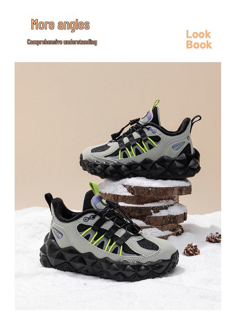 Happy Bear Plush-Lined Boys' Winter Cotton Sports Shoes - Lightweight, Cold-Resistant, Two-Layer Outdoor Running Shoes