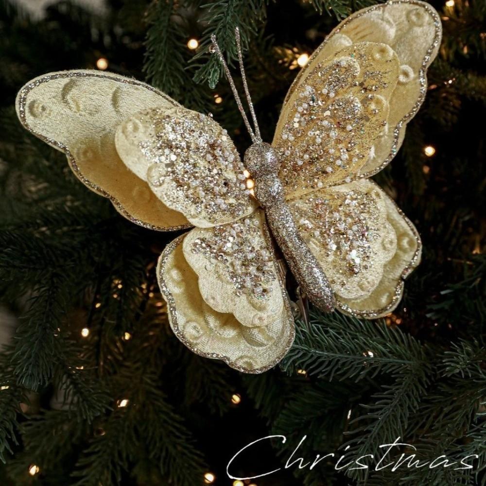 Glitter Butterfly Christmas Flower Sequins Simulated Christmas Tree Decoration Exquisite Flocking Butterfly Pendants