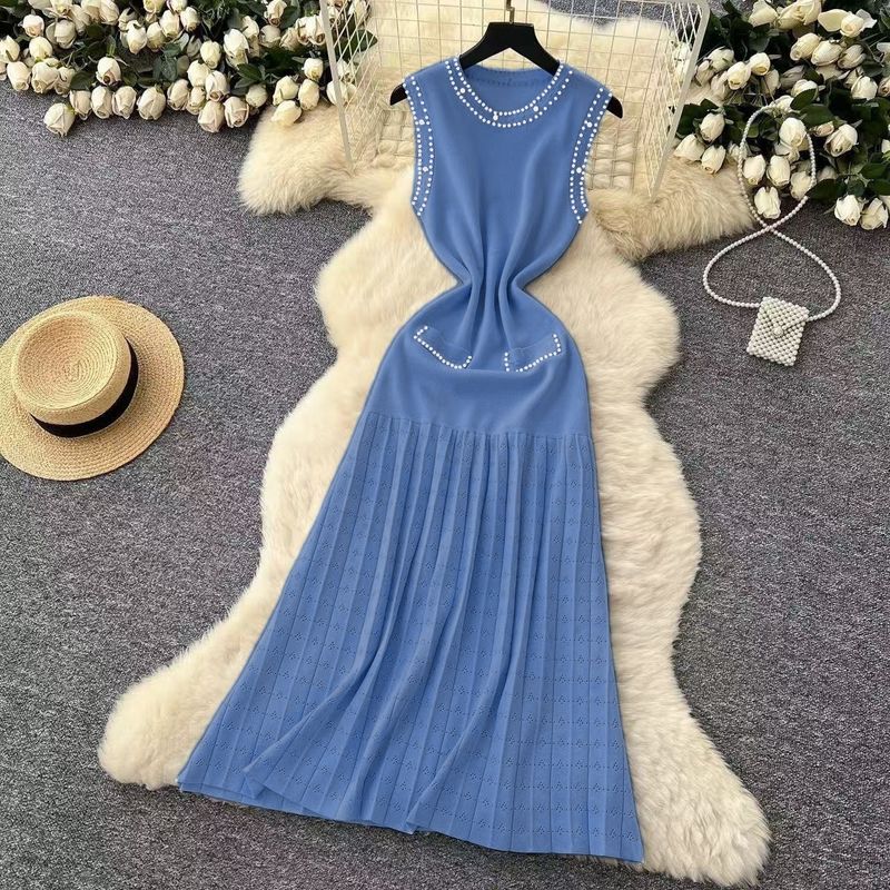 

Western Style New Fashion Casual Slim fit Slimming Sleeveless Beads Knitted dress Long dress Jersey Dress Blue M