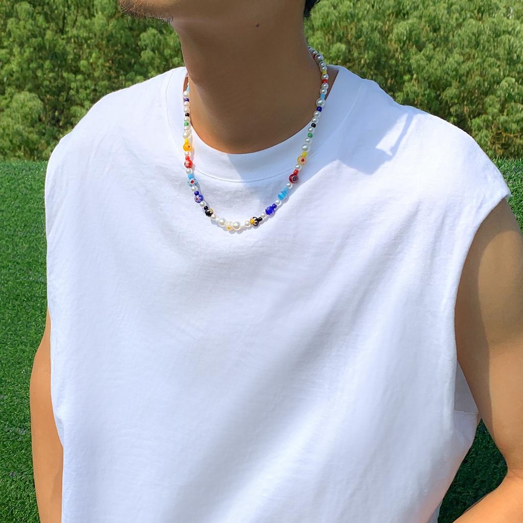 Glass Flower Patchwork Colorful Beaded Necklace for Men Trendy Fashionable Sunshine Boy Colorful Versatile Collarbone Chain