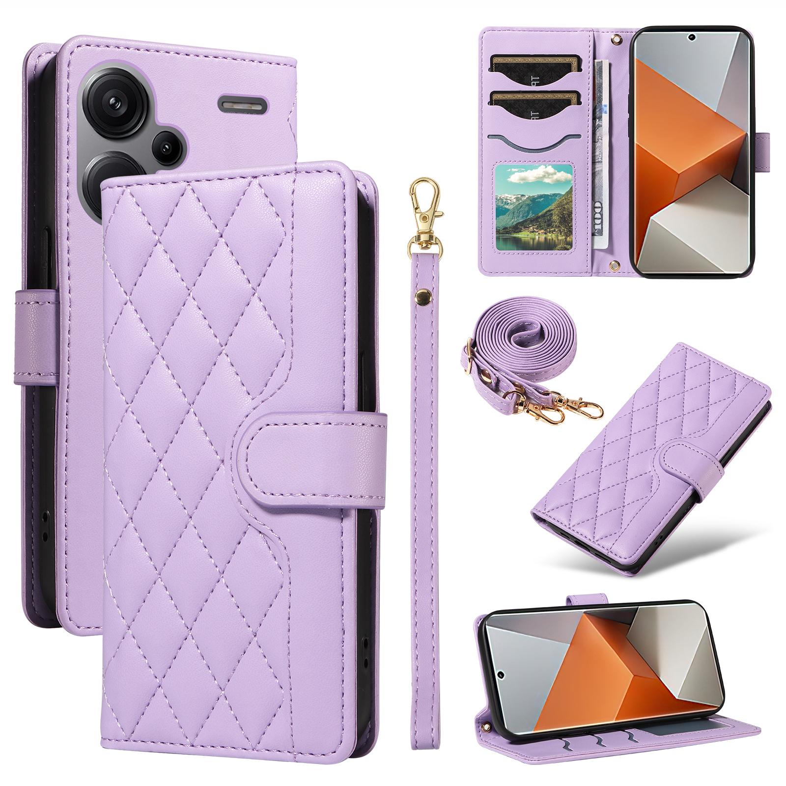 

Чехол-кошелек из ромбовидной кожи для Xiaomi Redmi Note 13 Pro+ 5G с плечевым ремнем, ремешком на запястье Light Purple
