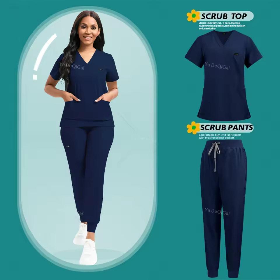 Stretch Scrubs Women Set Nursing Uniforms Clinical Scrubs Set Nurse Doctor Dustproof Workwear Medical Scrubs Top+ Jogger Pants