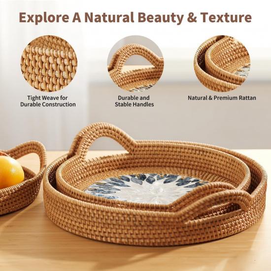 Set of 3 Round Rattan Tray Set with Mother of Pearl Inlay, Wicker Tray, Storage and Display of Coffee Bread Food Fruit, Table Decor, Home Decor