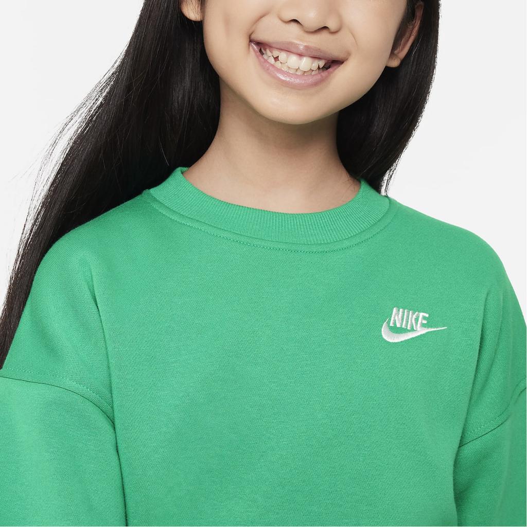 Nike Sportswear Club Fleece Logo Embroidered Ribbed Crew Neck Relaxed Sweatshirt Kids Tops Neon-Green FD2923-324