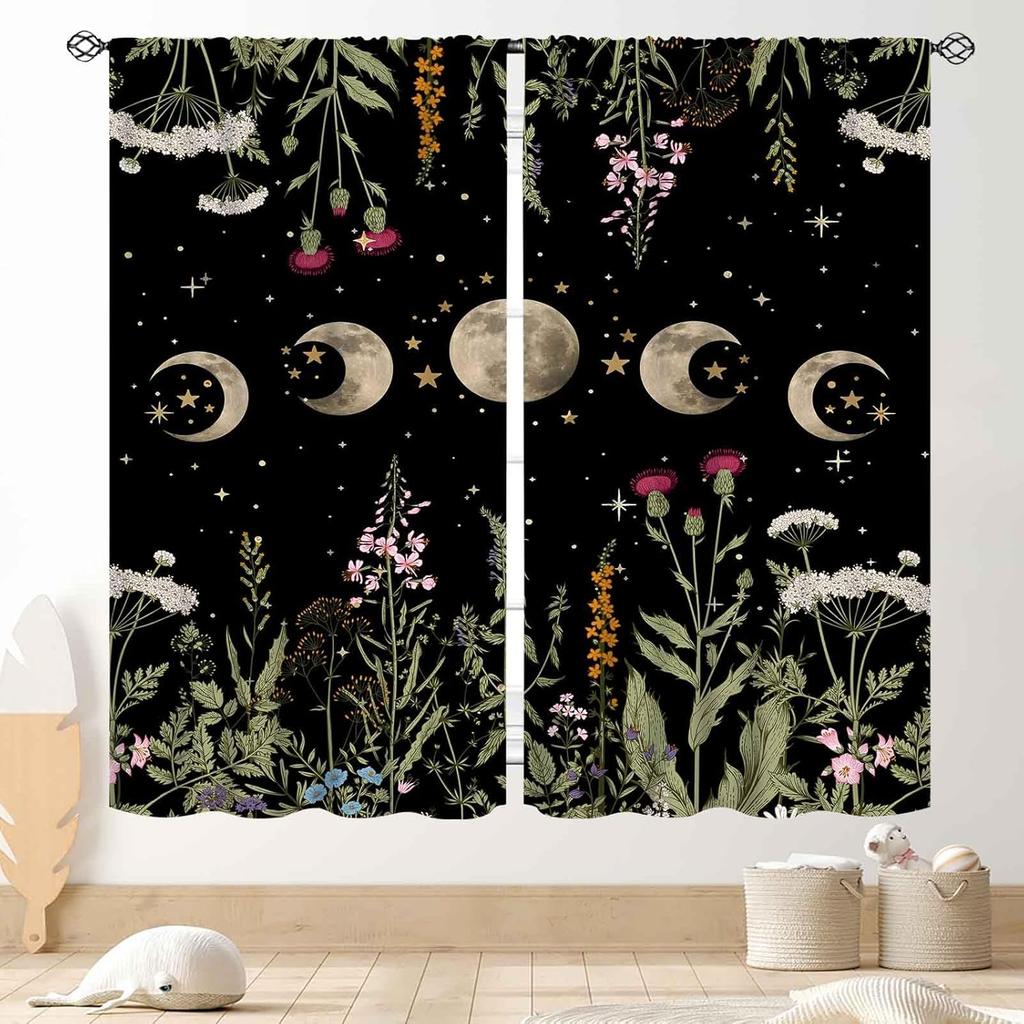 Wild Floral Moon Curtains, Boho Vintage Moon Phase Botanical Mid Century Moonlit Plants Aesthetic Spring Flower Blackout Window