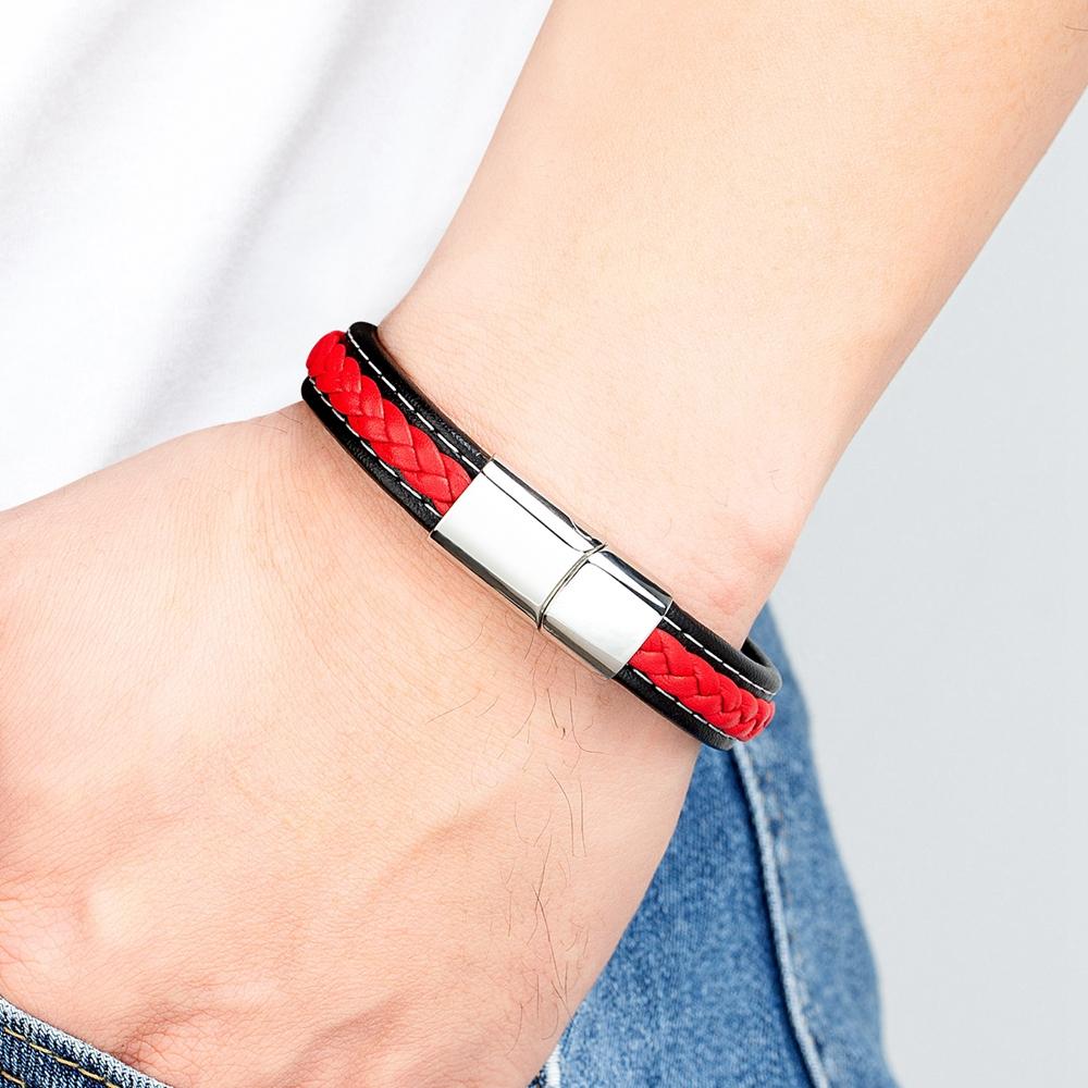 Black & Red Braided Rope Leather Bracelet Men Stainless Steel Charm Jewelry Bangle for Friend Couple Birthday New Year Gift