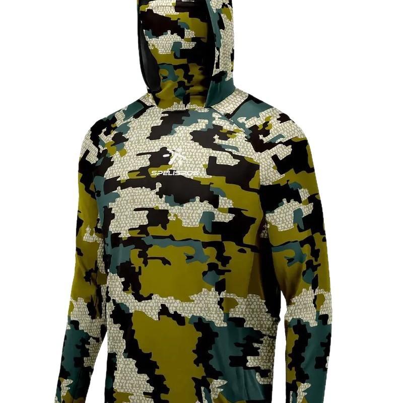 Nuova maglia da uomo a maniche lunghe con cappuccio, stampa mimetica ad alte prestazioni, top per sport di pesca, protezione solare, protezione dagli insetti e traspirante