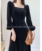 Women's Long Sleeve Velvet Dress: Autumn/Winter, French Retro A-line, Waist-Cinching, Square Neck, Hepburn Style Little Black Dress