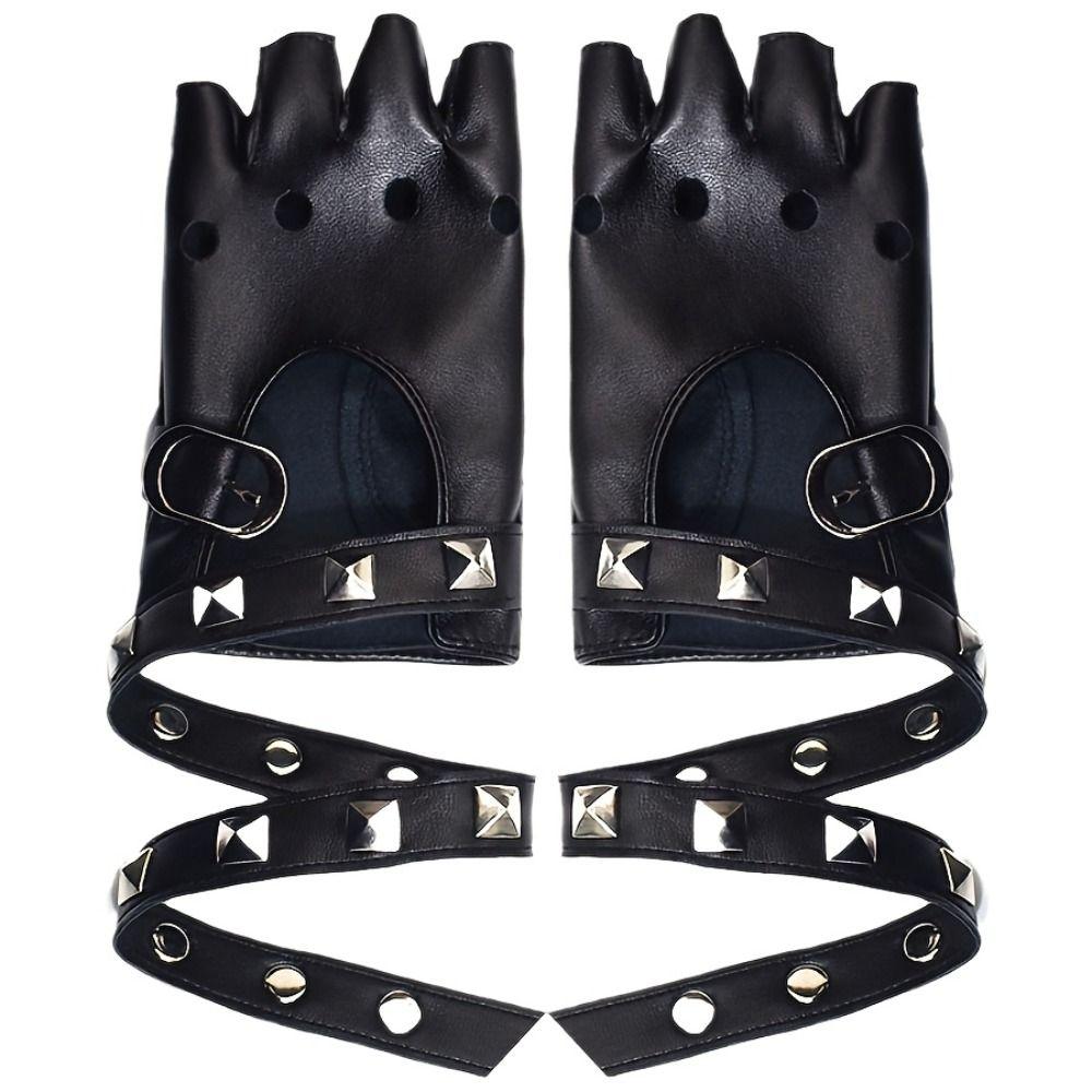 Cool Rivets Belt Wrist Gloves Punk Fingerless Mittens Performance Gloves  Disco Dancing