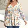 Women's Plus Size Shirt Long Sleeve  Print Top Pleated Casual V-Neck Top