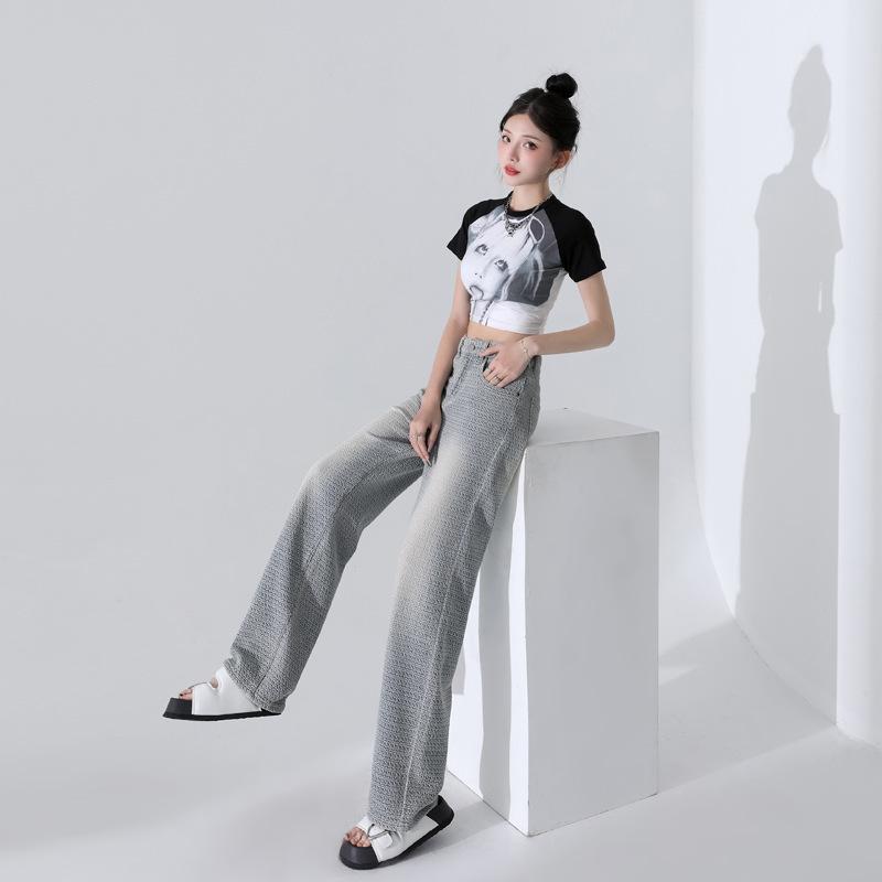 Summer Texture Gray Jacquard Texture Wide-leg American Floor Jeans Women Wide-leg Pants Women Spring