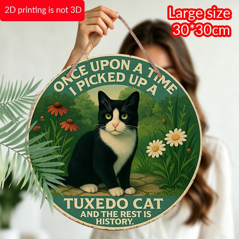 2D Flat, 1pc Round Waterproof Aluminum Hanging Sign, Vintage Green Background Tuxedo Cat Daisy Floral Funny Quote Print, Rustic Metal Plaque, Cat