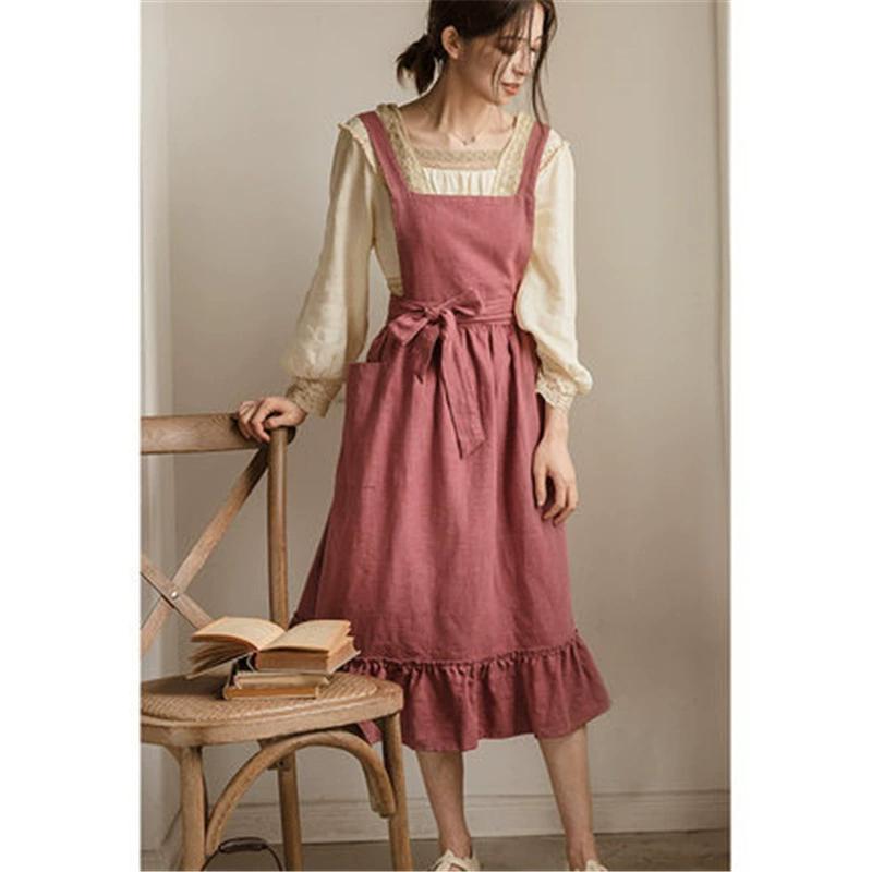 

1pcs French Style Cotton Linen Apron Rustic Vintage Kitchen Baking Lace Trim Adjustable Ties Pockets Bohemian Design OneSize красный