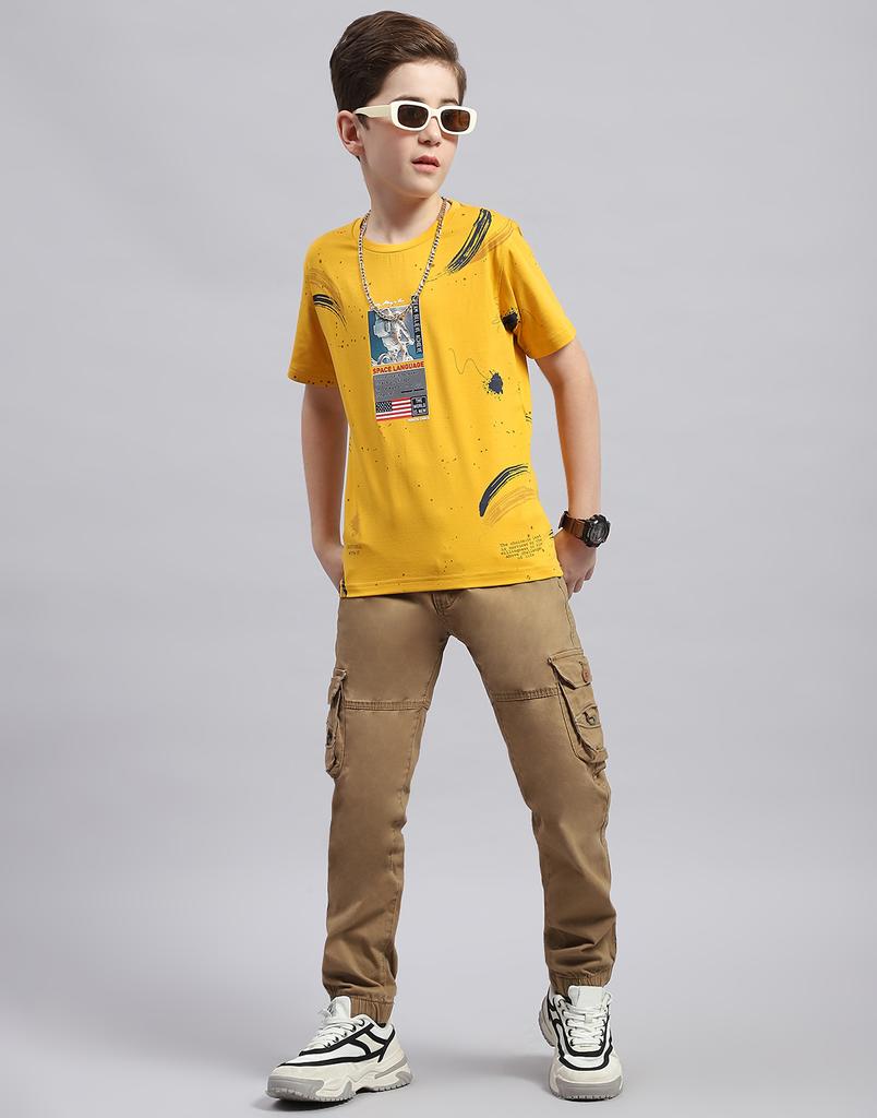 MONTE CARLO Boys Mustard Printed Round Neck Half Sleeve Regular Fit T-Shirt