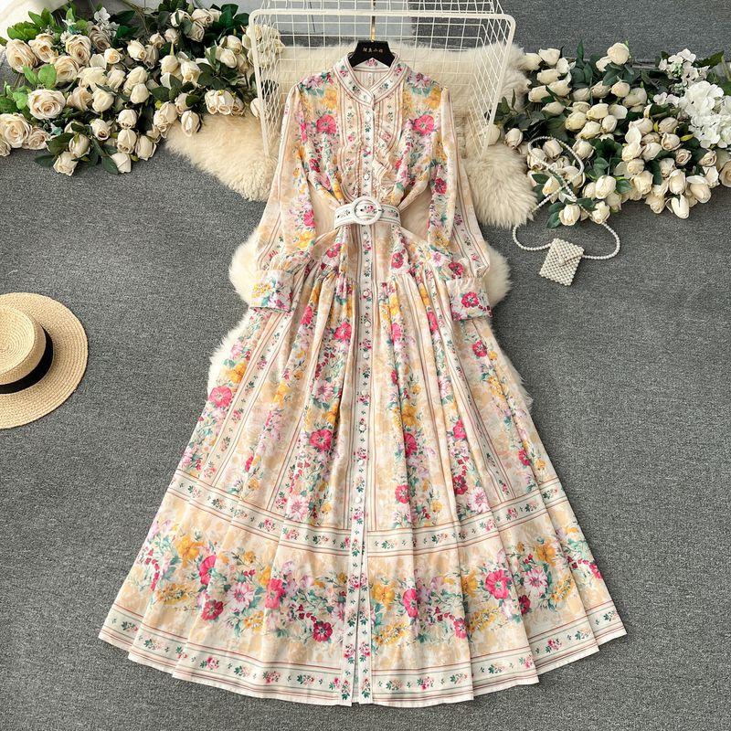 

European Style Elegant Stand-up Collar Slim Fit Long Chiffon Dress Apricot L