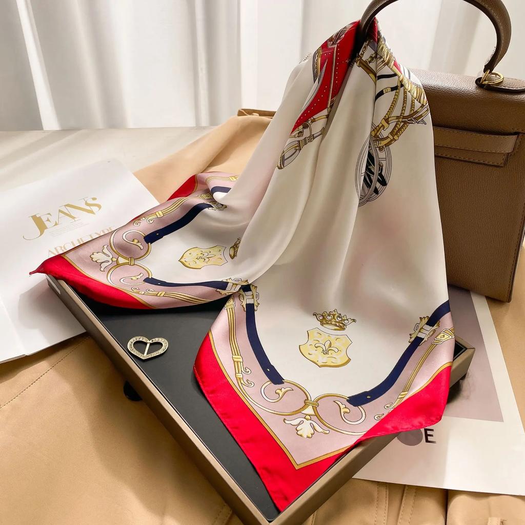 Silk Square Scarf Women 100% Real Luxury Brand Horse Print Neckerchief Female Hair Hand Bag Wrist Foualrd Scarves Bandana