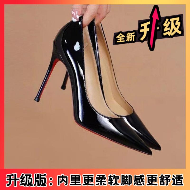 Black pointed high heels, new simple, sexy and fashionable patent leather single shoes, one pedal, thin heel single shoes