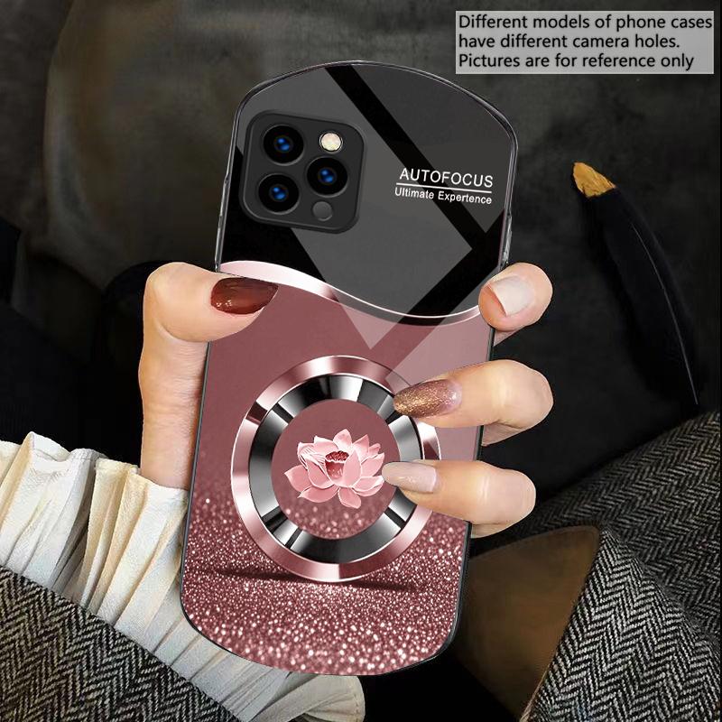 Circle Lotus Golden Dot For iPhone 16 15 14 13 Plus 12 mini 11 Pro Max XR Xs X 7 8 6 6S 22 Elliptical Tempered Glass Phone Case