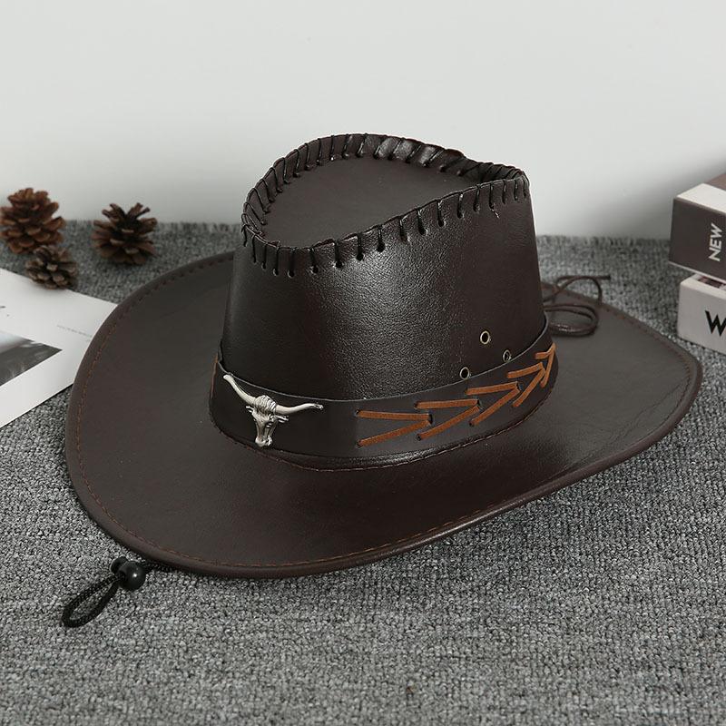 New Vintage Fashion Cow Head Decorated Western Cowboy Hat Faux Leather Panama Style Bucket Jazz Cap for Men