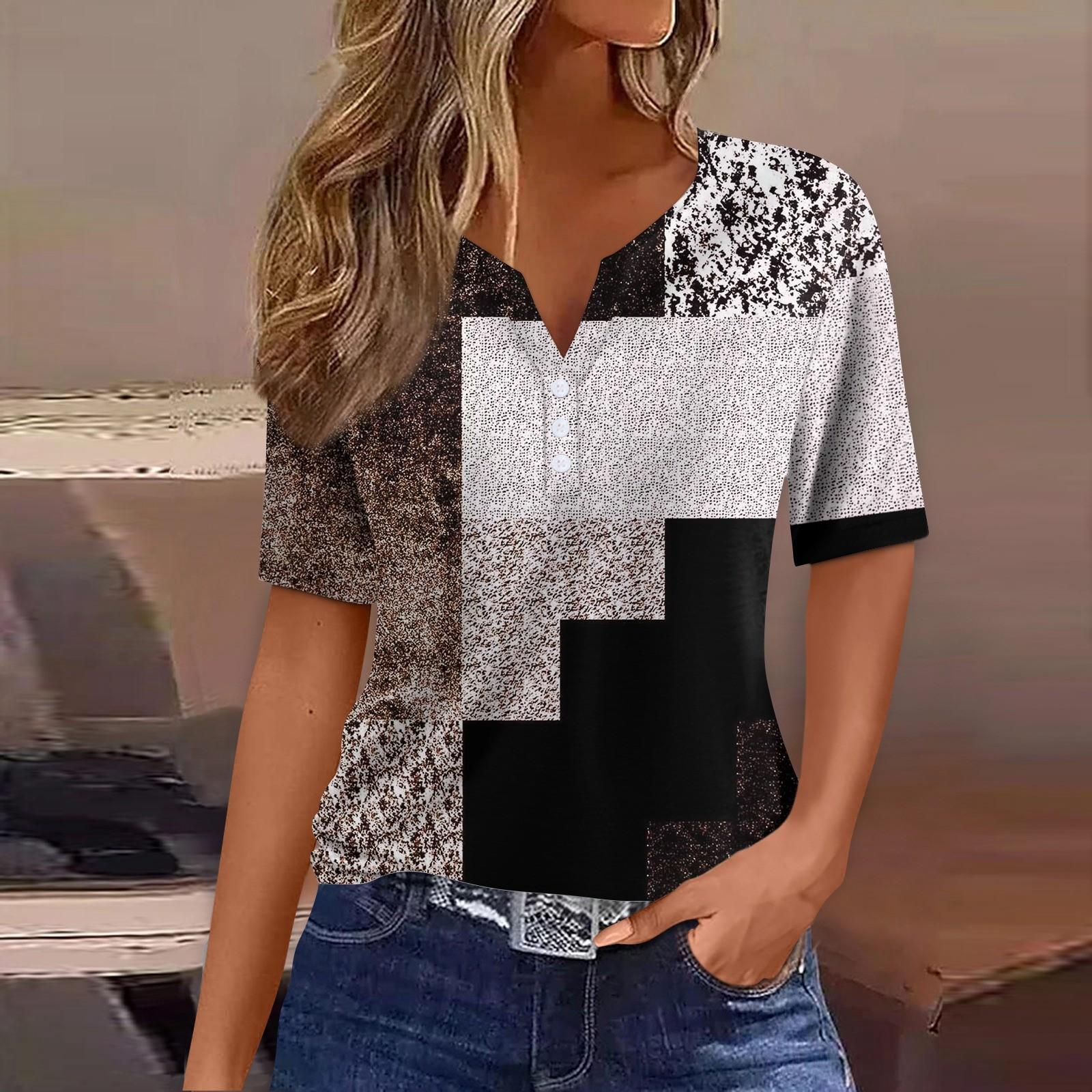 

Жен. Футболка Футболка С принтом Пуговицы С короткими рукавами Повседневные Выходные Мода Классический V-образный вырез Обычный Верх M хаки