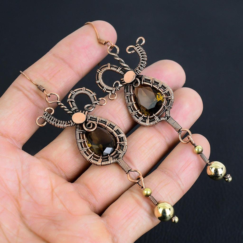 Rauchquarz Ohrringe Edelstein Schmuck, 999 Kupferdraht Gewickelte Handgemachte Ohrringe, Neuestes Design Schmuck