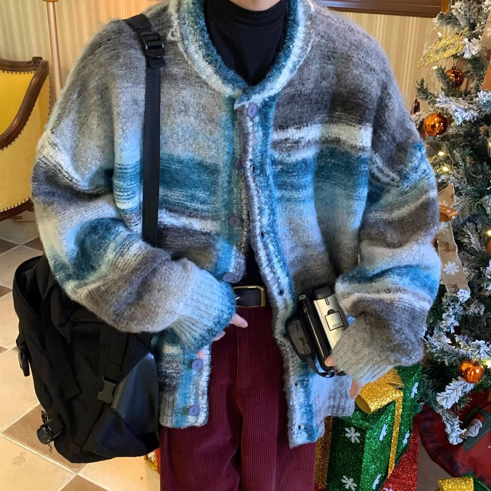 

Унисекс ретро полосатый кардиган свитер - весна/осень свободный крой L синий