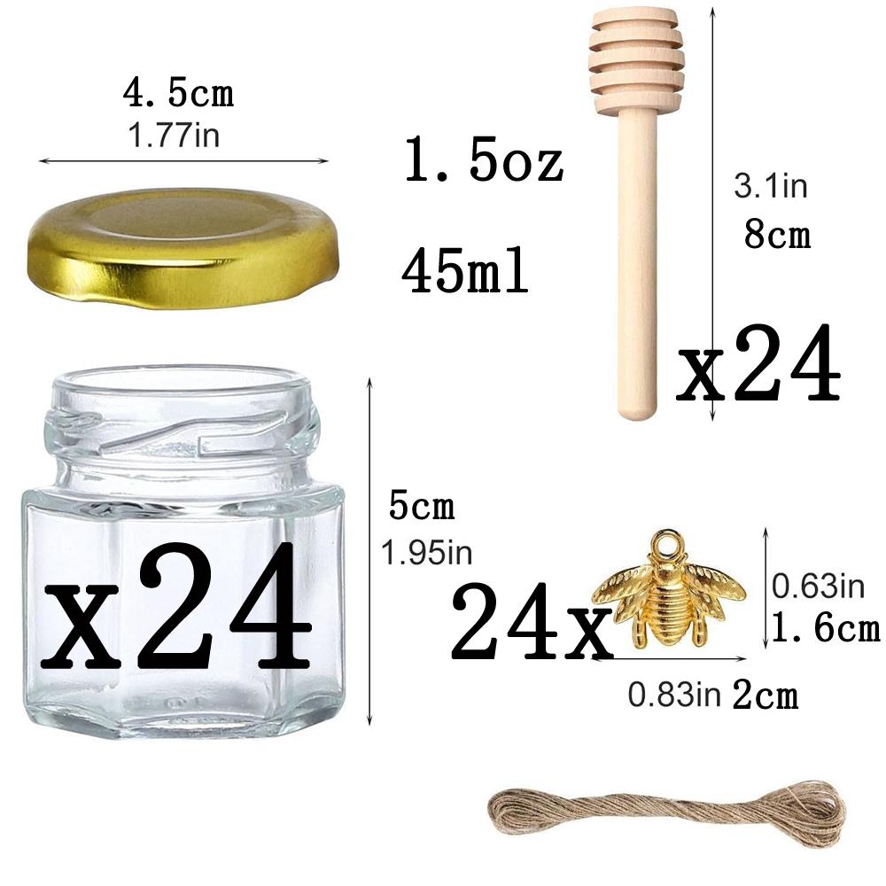 1.5 Oz Hexagon Mini Glass Honey Jars Honey Jars with Wood Dipper, Gold Lid, Bee Pendants, Jutes - for Baby Shower, Wedding