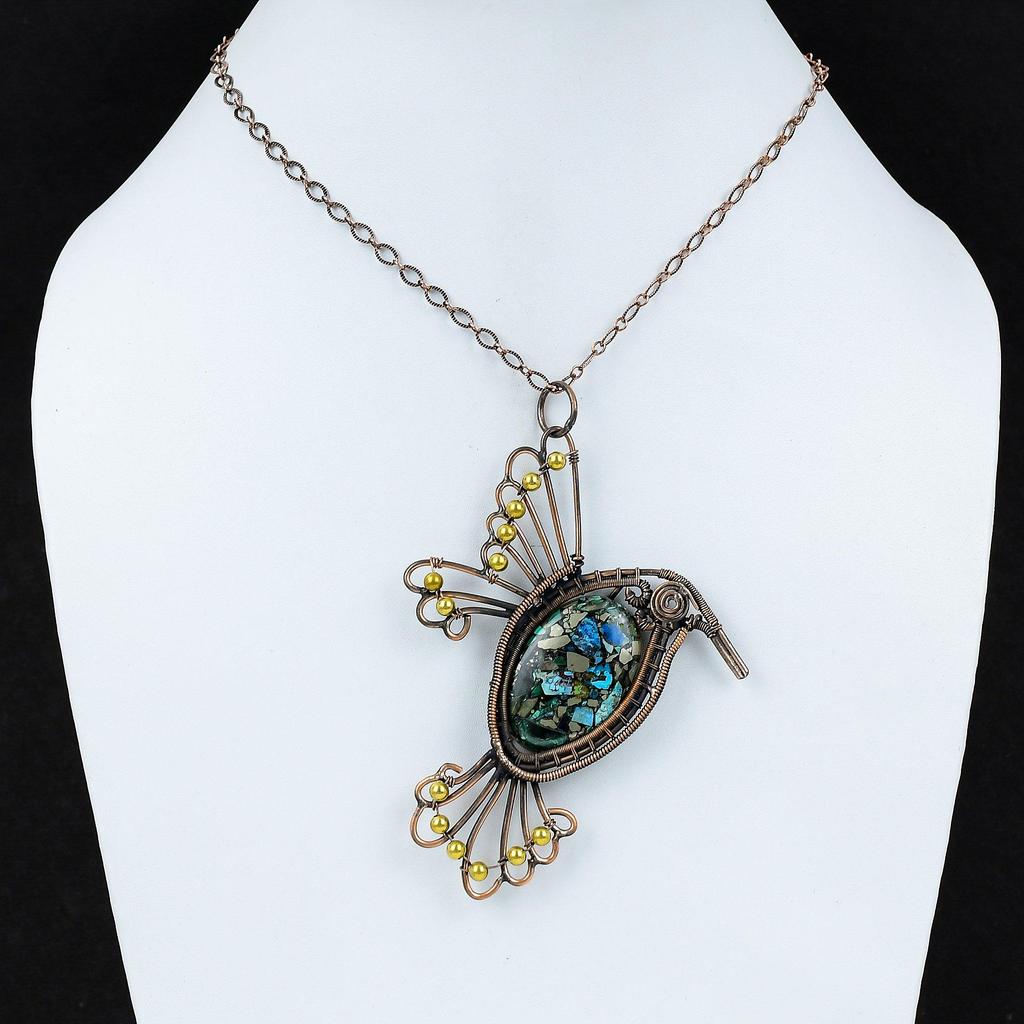 Copper Azurite Malachite Pendant Copper Wire Wrapped Pendant Natural Gemstone Jewelry Handmade Bird Pendant Gift For Her Copper Wire Jewelry