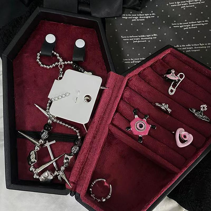 Gothic Jewelry Box Coffin Shaped Multi-Compartment Organizer Trinkets Storage Display Halloween Gift Packaging Box Portable