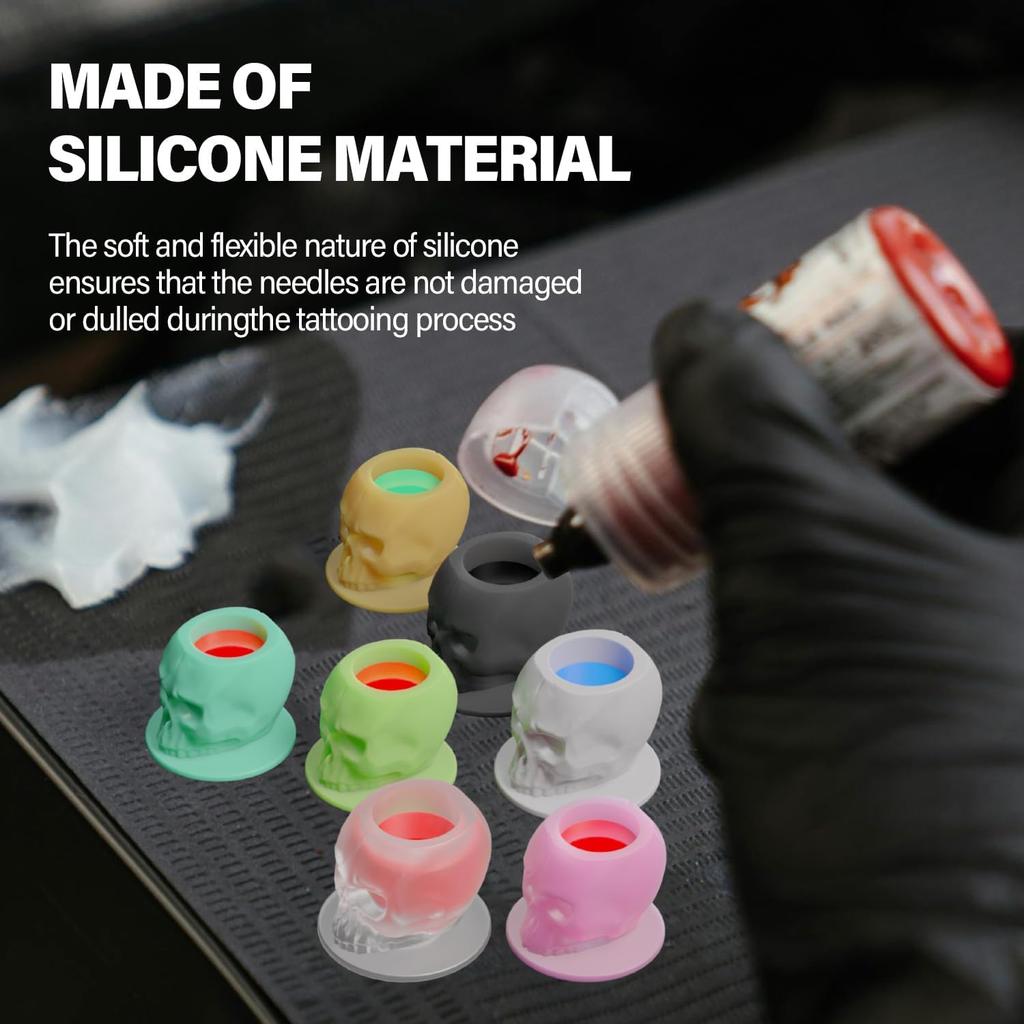 100PCS Tattoo Ink Cup Skull Disposable Silicone Tape Base Plastic Permanent Makeup Tattoo Pigment Cup Tattoo Accessories