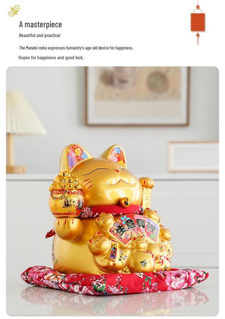 Ceramic Waving Fortune Cat Figurine for Home and Shop Decor