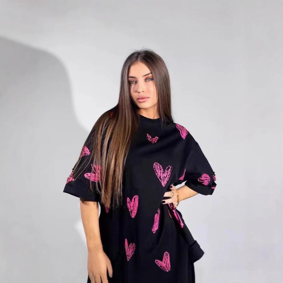 Summer Heart Print Loose Fit Cotton T-Shirt - European & American Style, Age-Reducing & Versatile Fashion