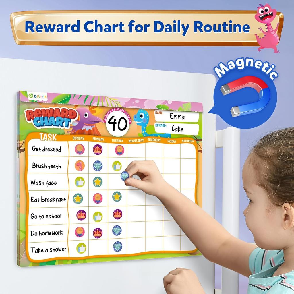 D-FantiX Reward Chart for Kids - Pad with 27 Chore Charts, Magnetic Behavior Chart for Kids at Home, Sticker Chart to Motivate Responsibility and